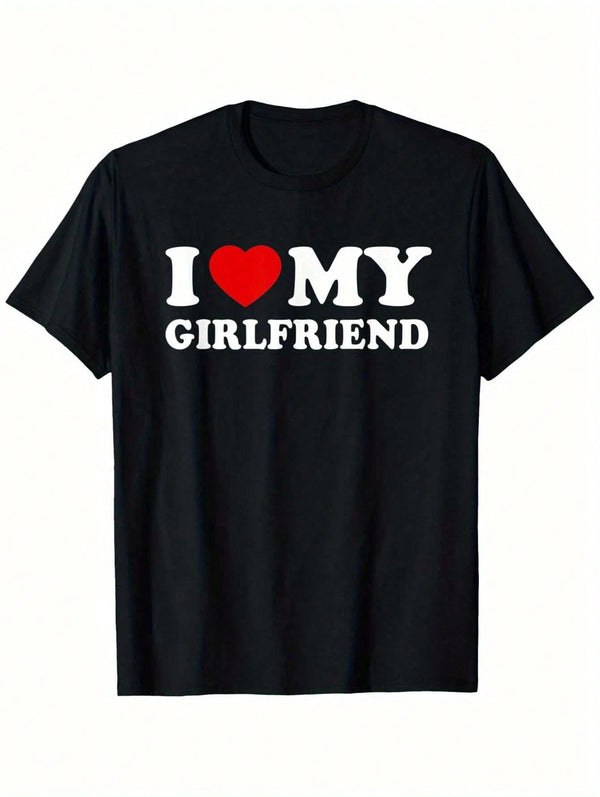 I Love My Girlfriend" Men's T-Shirt - Valentine's Day Gift, 100% Cotton, Casual Round Neck Short Sleeve Tee, Black With White Text & Red Heart Design, S-XXXL, Valentine's Day T-Shirts