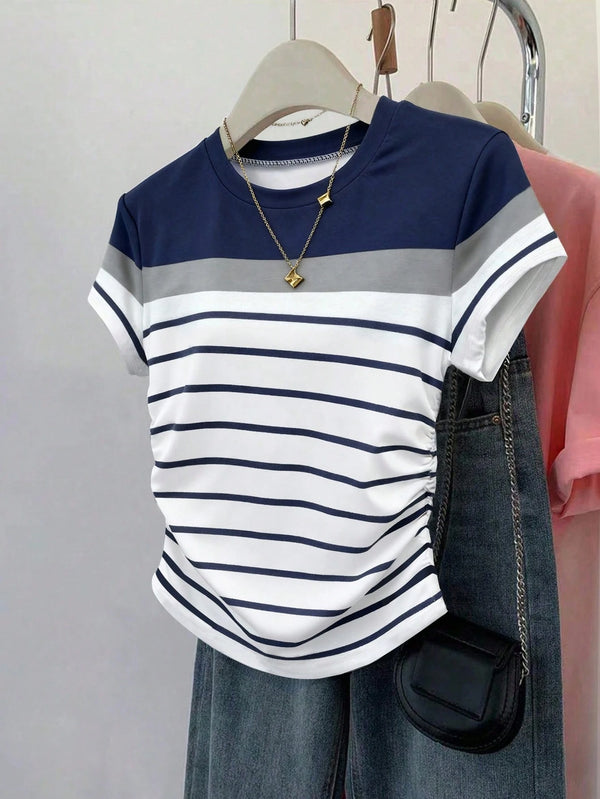 SHEIN Women's Summer Casual Vacation Multicolor Striped T-Shirt,Navy And White Patterned Outdoor Tops,Fitted Ruched Waist New Arrival Outdoor Wear