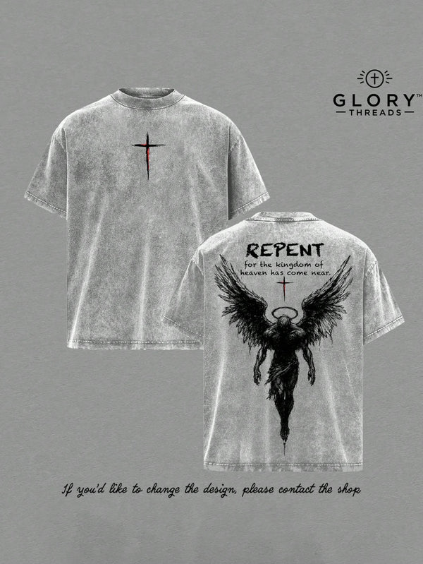 Repent Vintage Washed Oversized ChristianT-Shirt, Angel Wings Faith Graphic Tee,"Kingdom Of Heaven Has Come Near"Gospel Streetwear Top, Heavy Cotton UnisexRetro Worship Shirt