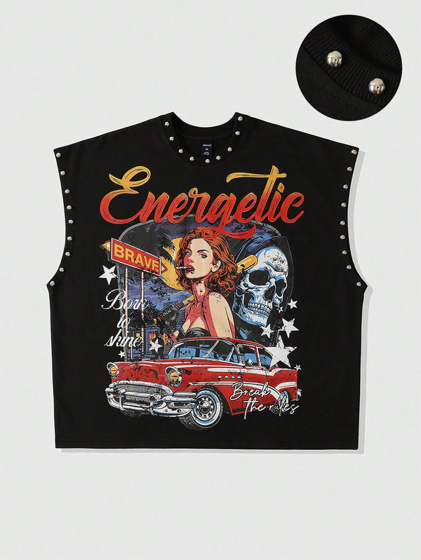 ROMWE MEN Street Life Men's Printed Rivet Loose Tank Top