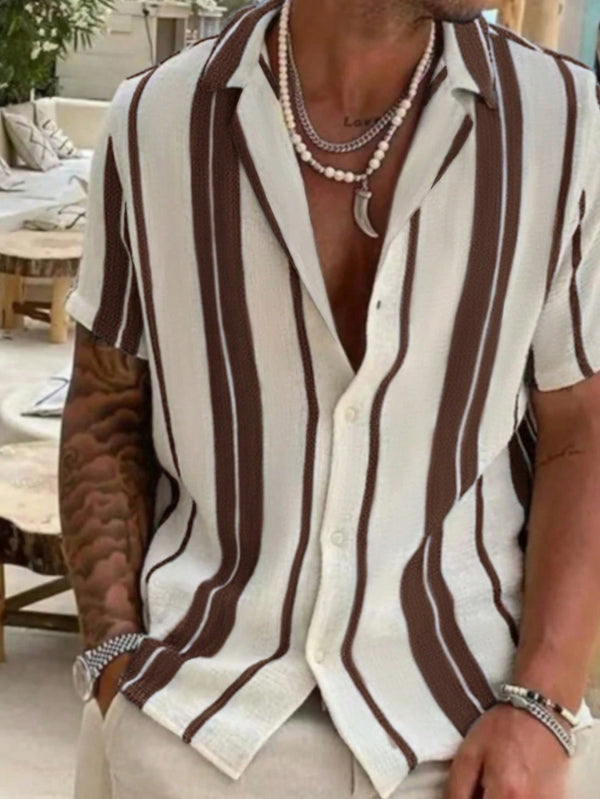 Men's Casual Colorblock Striped Short Sleeve Shirt, Comfortable Vacation Style