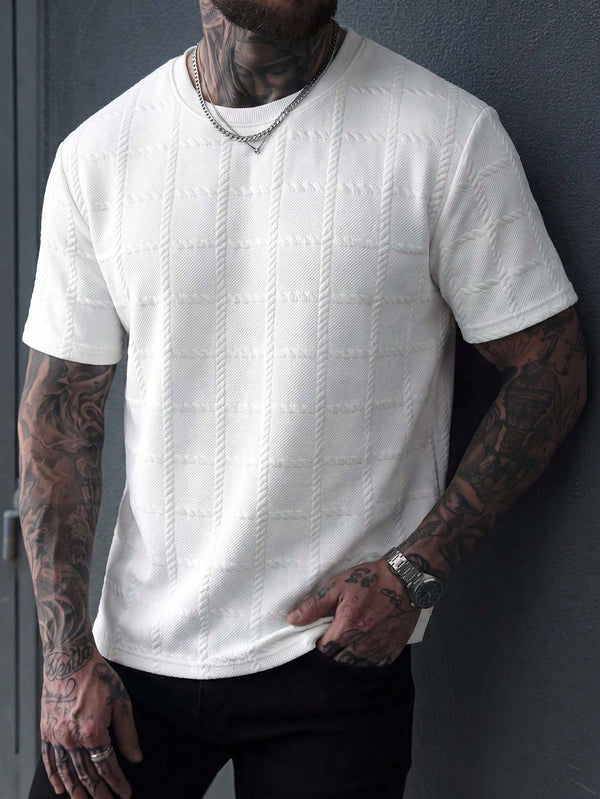 Men's Solid White Textured Knit Crew Neck Short Sleeve Casual Top