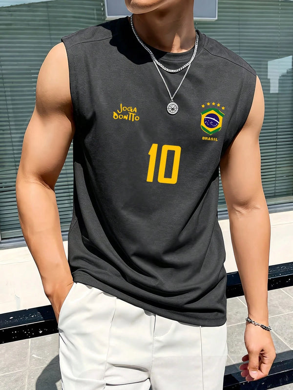 Men's Sports Tank Top, Retro Brazil Football Jersey - Legendary Number 10, Casual Football Fan Outfit, Football Shirt, Regular Fit Sleeveless Fitness Wear, Soft And Comfortable Fabric